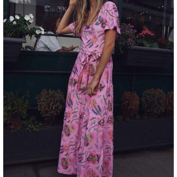 Smith & Quinn Lane Pink Floral Short Sleeves Tie Waist Maxi Dress Women’s Small - Picture 1 of 9